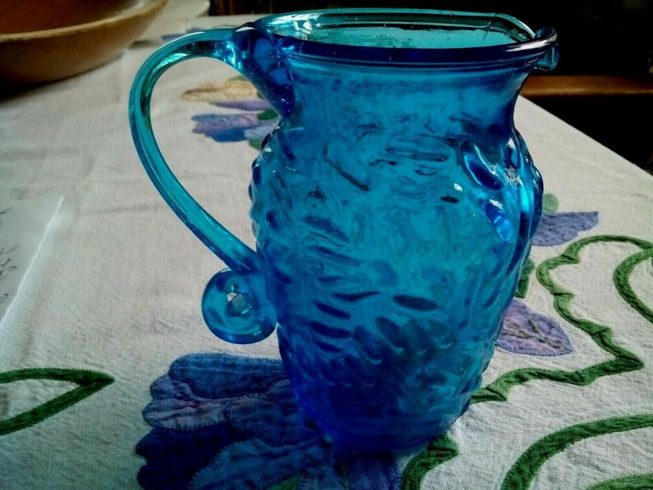 Creamer Pitcher Blue Crinkle Glass Applied Handle 5