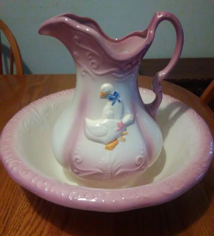 Ironstone England 1890 Pitcher & Wash Basin Pink Lilac with Embossed Ducks