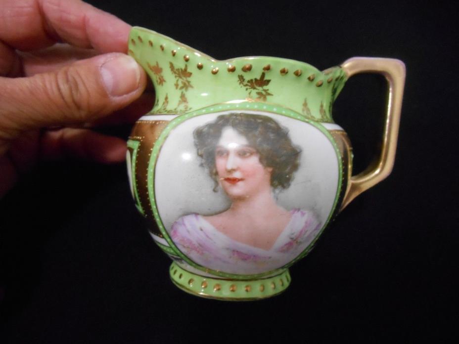 Small Pitcher with Lady Portrait Green Unmarked Ornate Porcelain Cream Pitcher