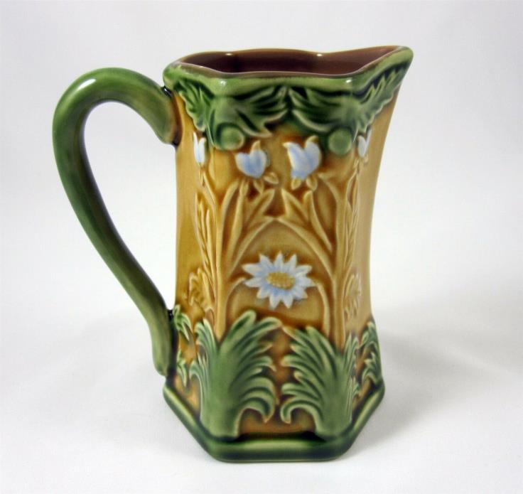 Majolica Cream Pitcher Brown Glaze Green Leaves Handle Blue Flowers 4.75 Inches