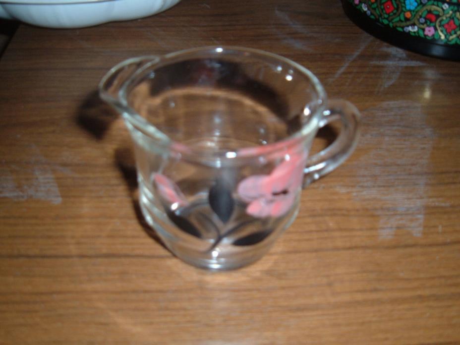Vintage clear glass cream pitcher pink painted flower design