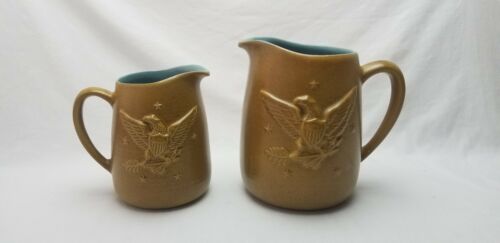 Chatham Pottery Americana Eagle Relief Brown Blue Stoneware Pitcher Creamer Set