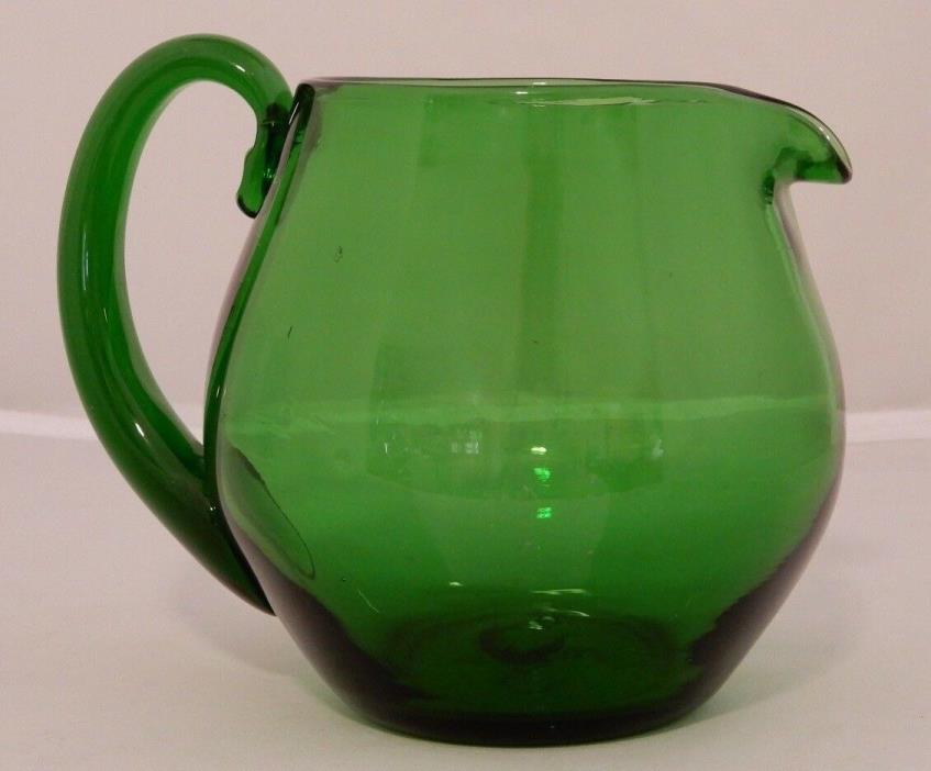 Vintage Hand Blown Forest Green Glass Pitcher with Applied Handle