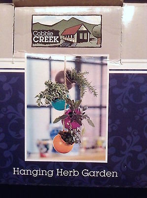 New in Box Ceramic Cobble Creek Hanging Herb Garden - 4 Colorful Pots Included