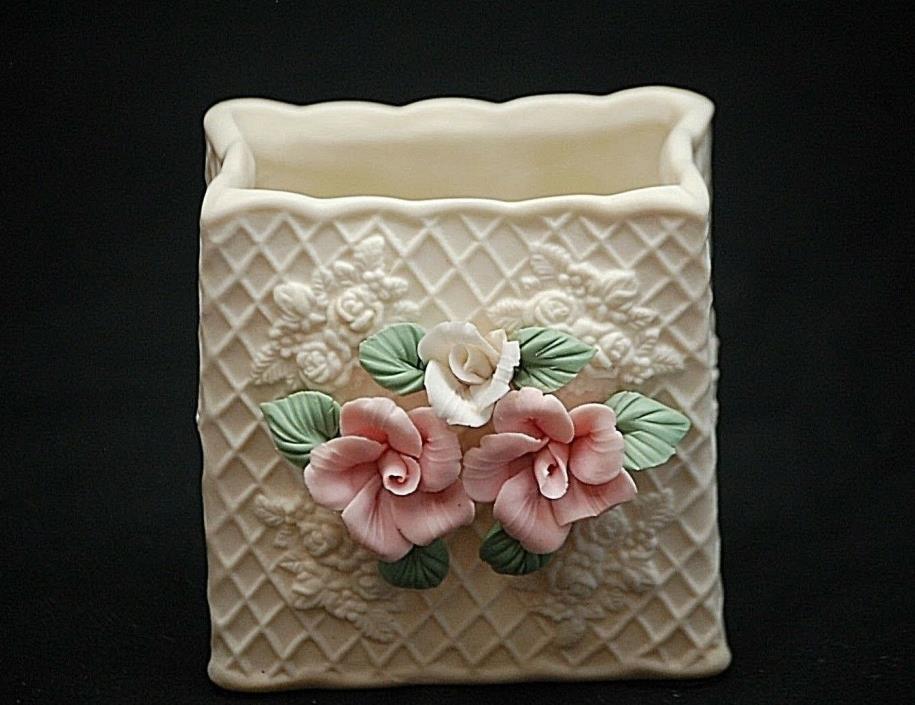 Classic Style Bisque Square Vase Planter Soft White w Pink Rose Flowers Shelf