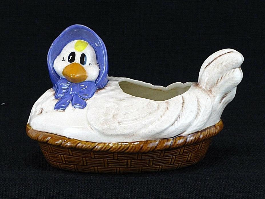 Vintage Ceramic Hand Painted Nesting Hen in a Basket Planter