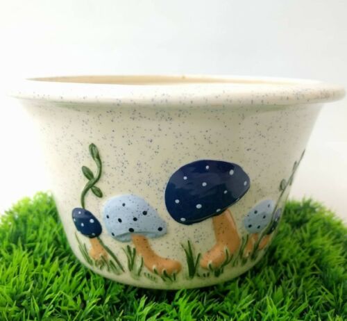 Vintage Ceramic Blue Mushroom Flower Plant Pot Speckled Bowl Toadstool