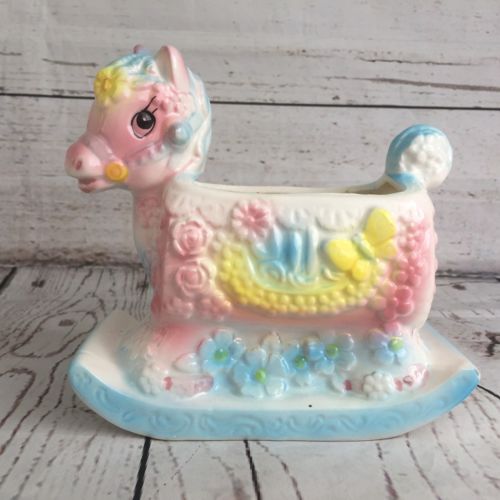 INARCO Rocking Horse Planter Japan Baby Pottery E-6040 Vtg 1960s Shower Gift