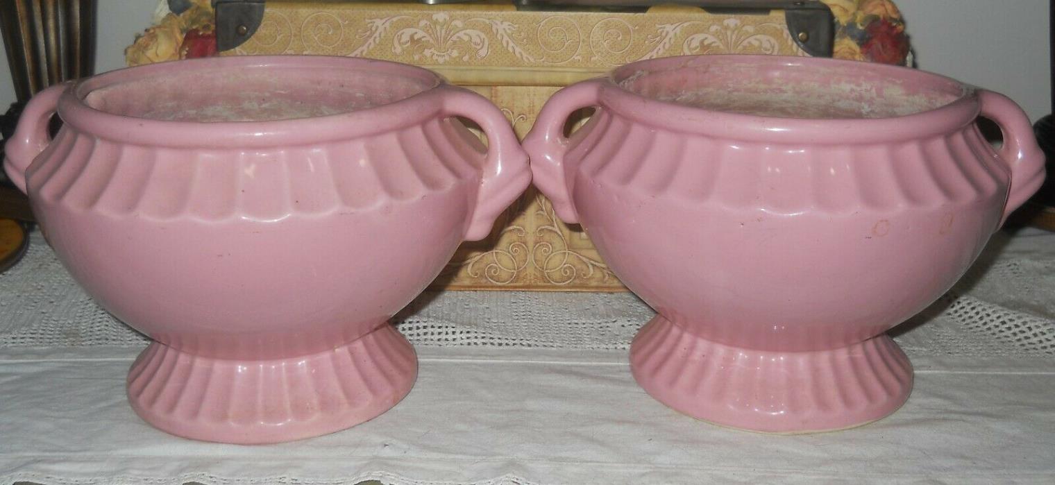 Pretty Vintage Pair Matching Pink Pottery Planters Marked USA 201 Art Deco