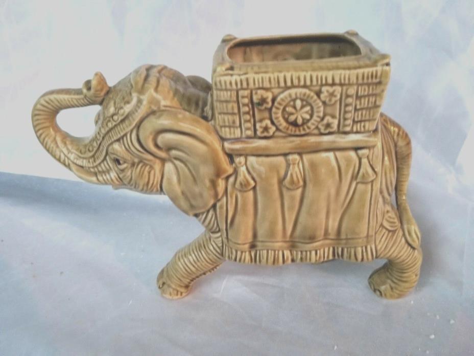 VINTAGE MCM  ELEPHANT PLANTER GOLD  TRUNK UP INDIA DRESS AND BASKET ON BACK