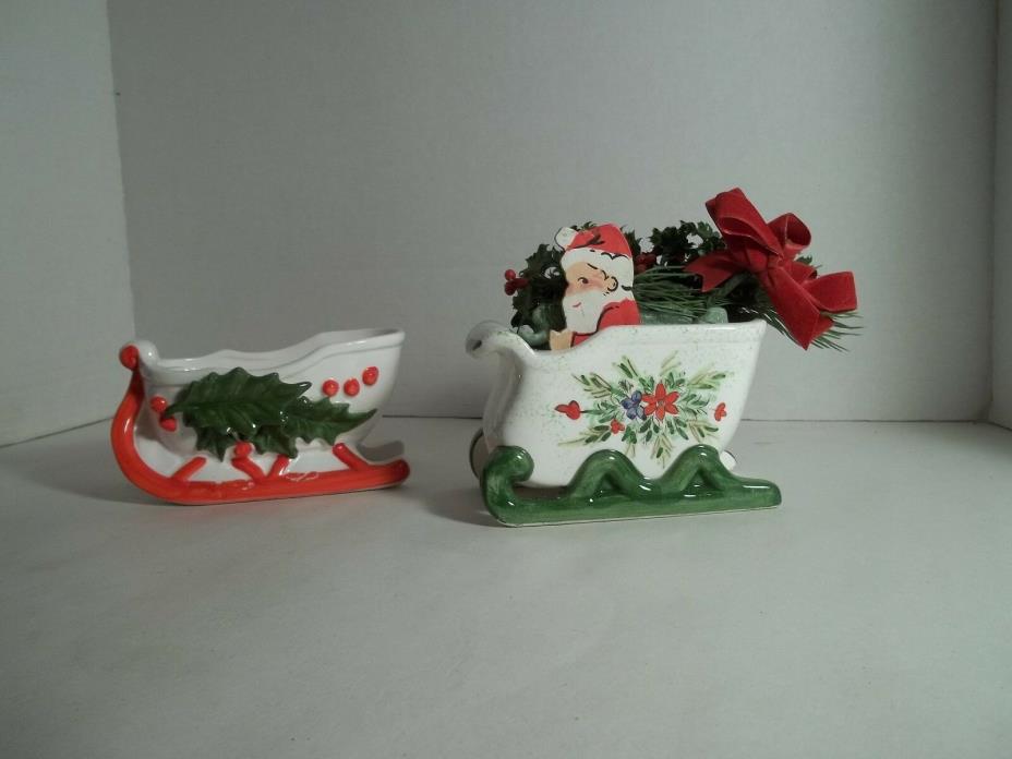 2 Vintage Christmas Sleigh Planters Candy Dishes one is INARCO