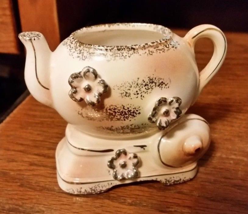 Vintage Tilso Small Ceramic Teapot Planter -Glitter/Gold Accents-Applied Flowers