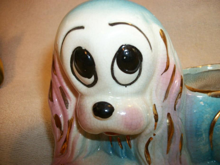 vintage planter Blue and gold hound dog ceramic white face big eyes