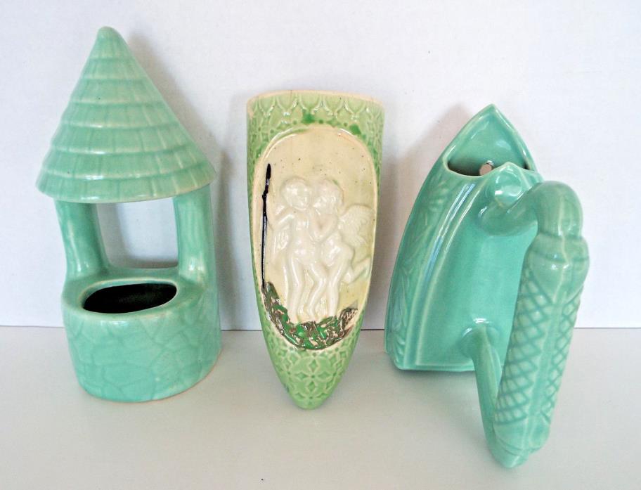 3 VINTAGE WALLPOCKET Vases Green Iron Lane Wishing Well Art Deco Cherubs Japan