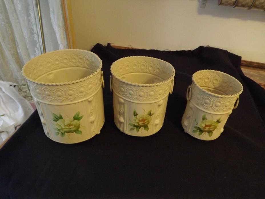 SET OF 3 METAL HANDPAINTED CONTAINERS FLORAL planters STORAGE SHABBY DECOR