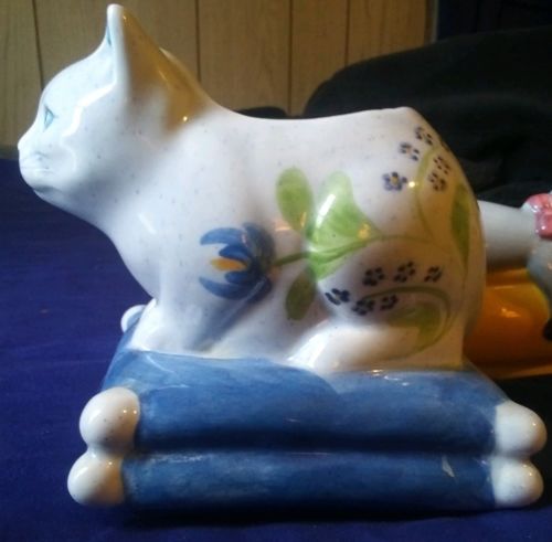 Two (2) Ceramic Cat Planters Figurines Blue White Yellow Painted