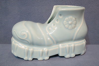 Vintage American Bisque Art Pottery Baby Bootie Shoe Planter Blue Color 6
