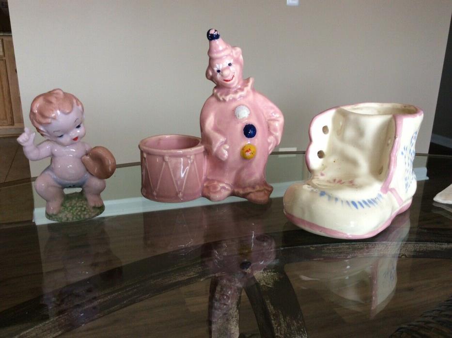 Baby Shoe Vintage Ceramic Planter Pot Pink, Clown and Baby with Baseball Glove