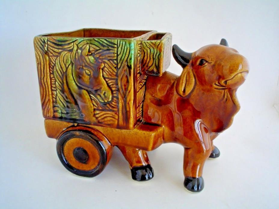 Vintage and Rare Ox Pulling Cart Napkin and Toothpick Holder with Brown Glaze