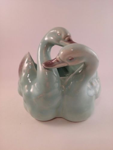 Vintage ceramic swans planter turquoise color