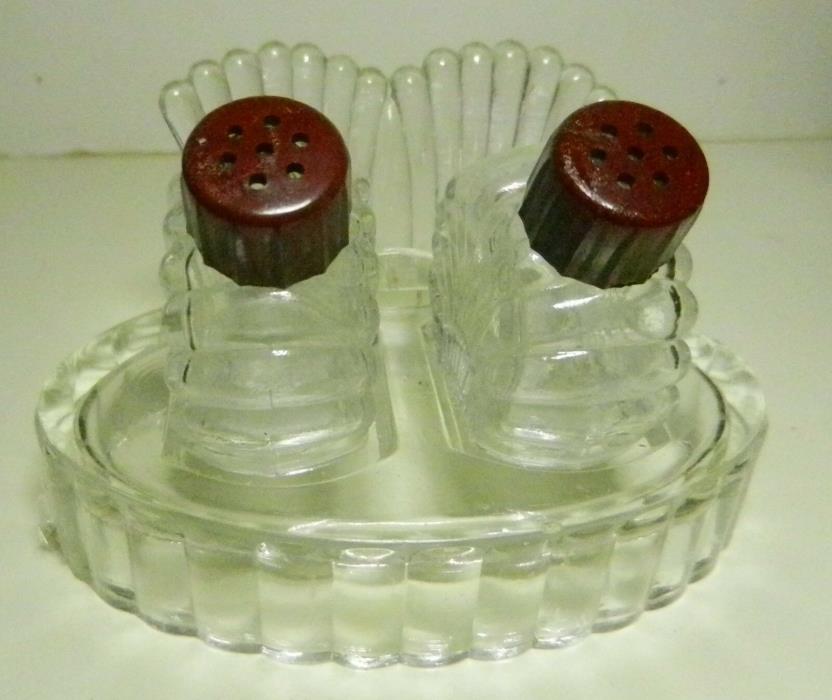 Individual Depression Glass Salt & Pepper Shakers on Oval Stand w/Fan-Backs