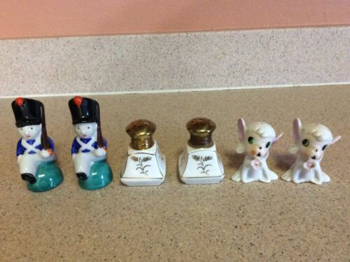 LOT OF 6 VINTAGE MADE IN JAPAN MINIATURE SALT & PEPPER SHAKERS LAMBS SOLDIERS