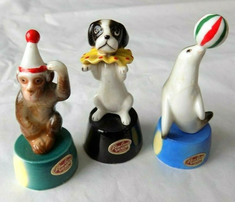 Vtg Shiken Bone China Circus Set Monkey Dog & Seal Figurines on Pedestal