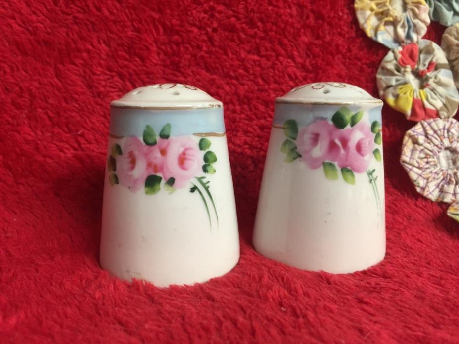 Vintage Salt & Pepper Shaker Set with Pink Rose Filigree Design Japan Porcelain
