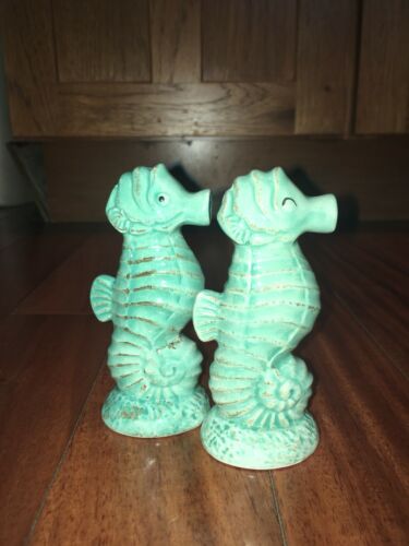 Seahorse Salt And Pepper Shakers- Blue White - Vintage Spice Shaker