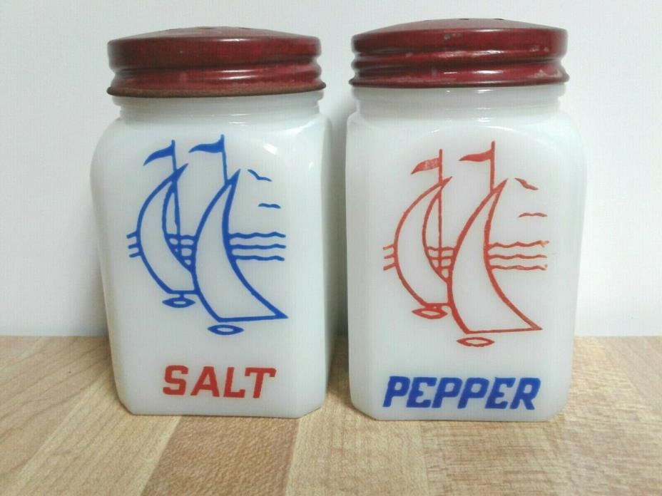 Vintage Salt & Pepper Shakers Milk Glass Red Blue Sailboats Red Metal Tops Retro