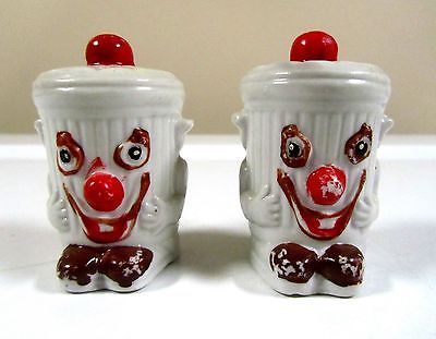 Vintage Happy Clown Face Anthropomorphic Trash Can Salt and Pepper Shakers