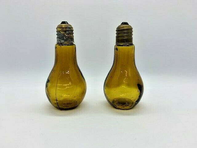 Vintage Amber Glass Salt & Pepper Shaker Set Light Bulb Shaped Screw Brass Caps