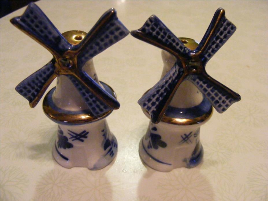 DUTCH WINDMILL SALT & PEPPER SHAKERS PORCELAIN WITH GOLD INLAY
