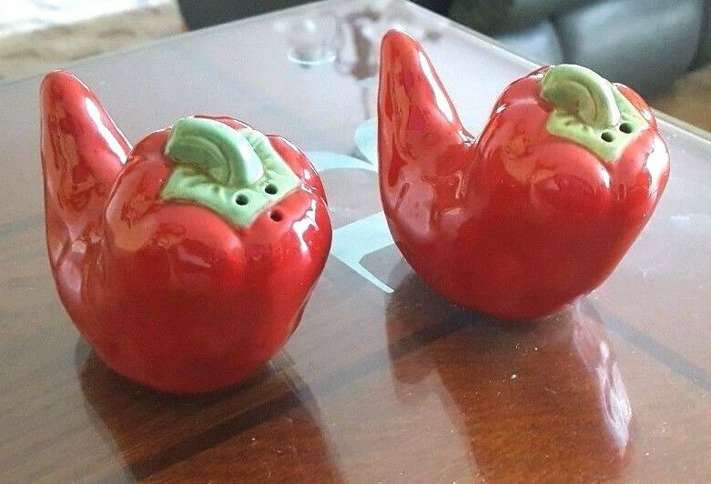 Salt and pepper shakers, red peppers, ceramic