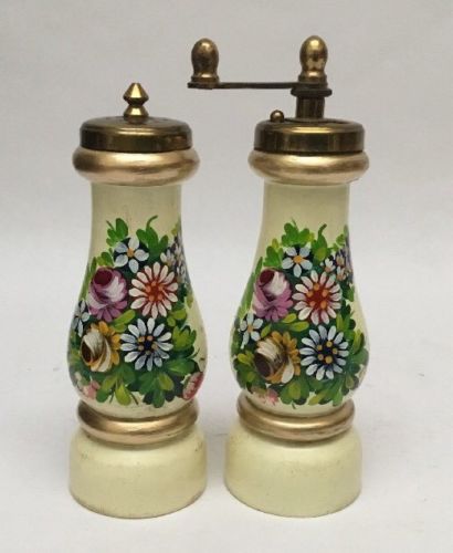 Vintage Hand Painted Floral Wood Salt And Pepper Mill Made In Italy W/ Brass