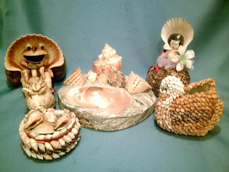 ESTATE LOT! of 5 Hand-Crafted Sea Shell Figures Bird Race Car Trinket Dish Heart
