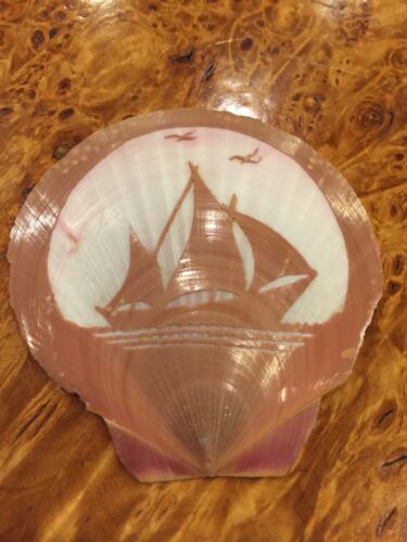 Vintage Sea Shell, Very Thin. Hand Carved Sailboat, Seashell Art