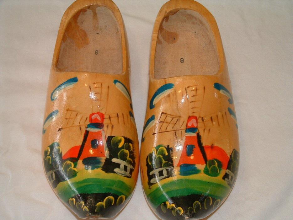 Vintage Dutch Clogs Holland Hand Carved Painted Wooden Shoes Clogs Windmill