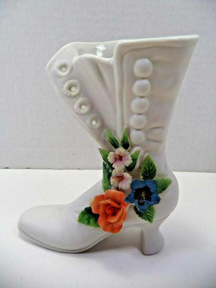 Porcelain Boot  White Applied Flowers  Japan NOSCREST vase porcelain COLLECTIBLE