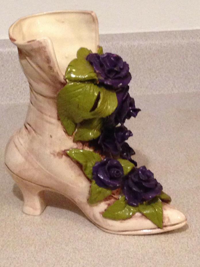 Ladies Lace Up Boot Shoe Planter Vase with Flowers and Leaves