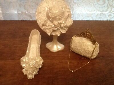 Vtg 80's Decorative Victorian Shoe Purse Hat & Stand White Lace Bridal