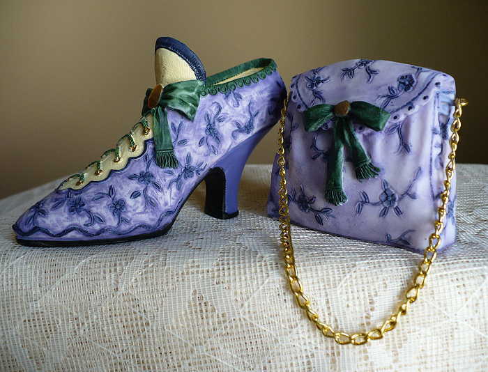 Collectible shoe coordinating purse set resin 3.5 in heel gift purple with flowr