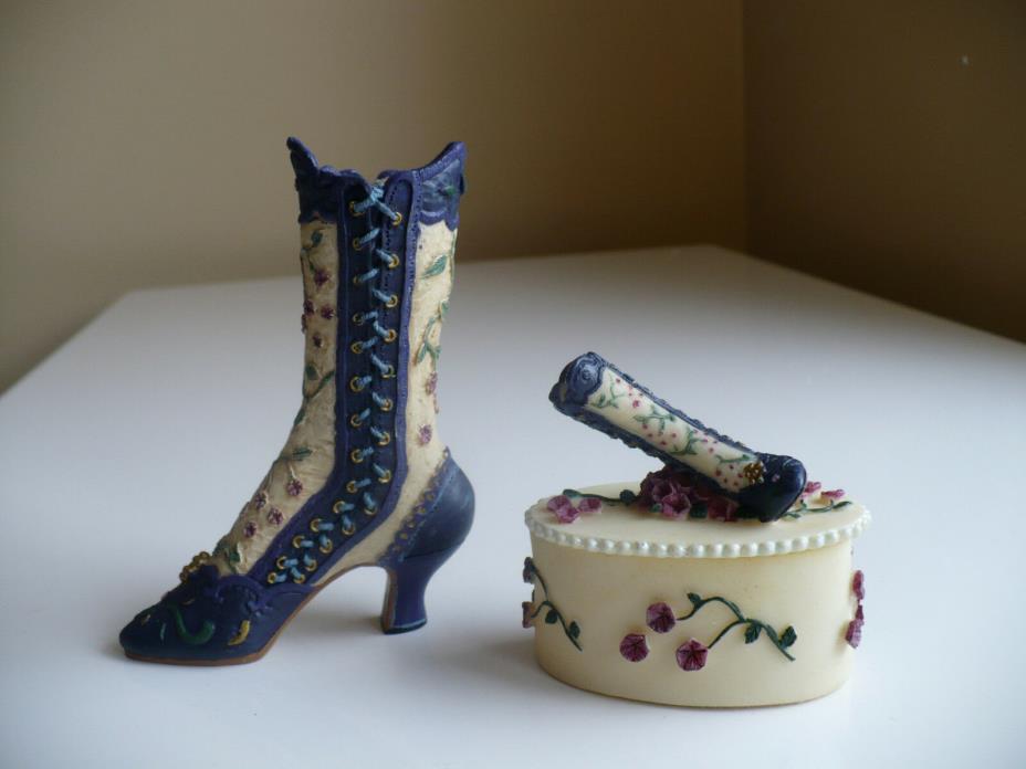 Collectible Victorian Boot with Trinket Box Set resin Navy With Flowers