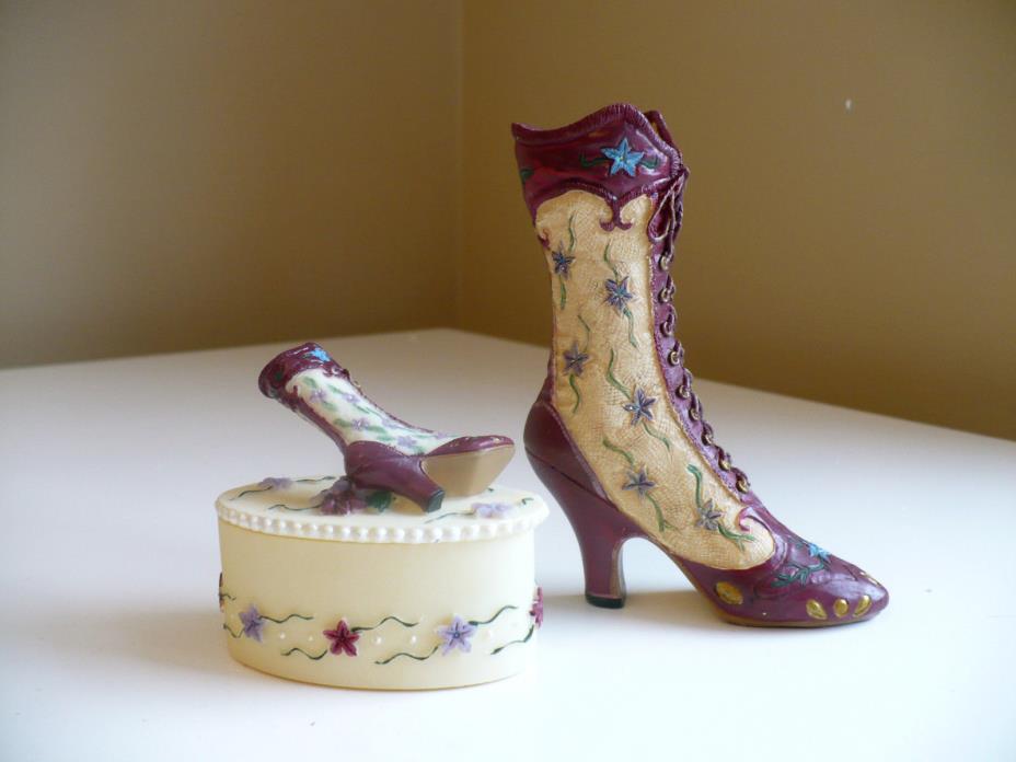 Collectible Victorian Boot with Trinket Box Set resin Burgundy Blue Flowers