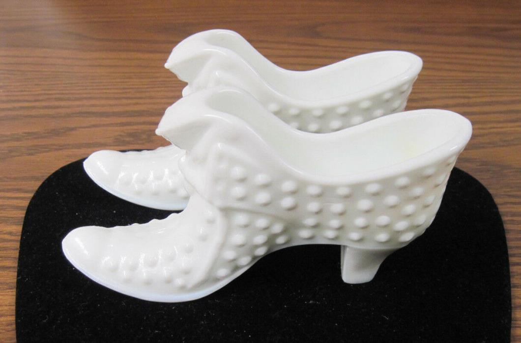 Fenton Pair White Milk Glass Hobnail Cat's Head Slippers Shoes Boots 5.75