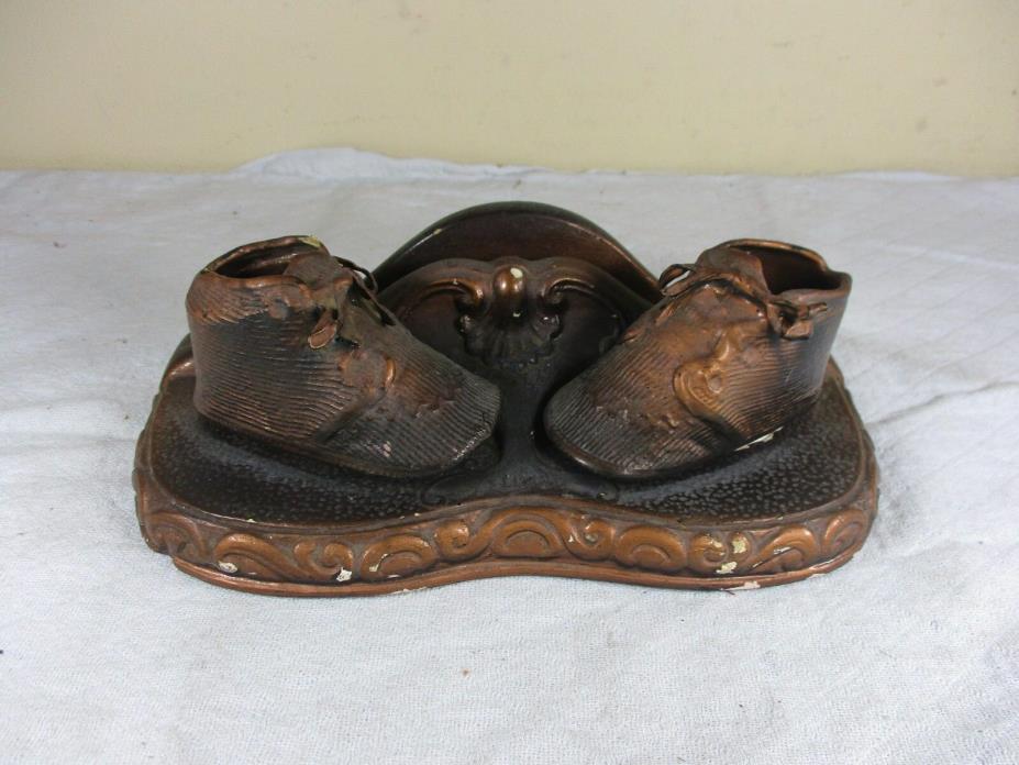 Antique Bronze & Copper Dipped Baby Shoes Booties w/ Picture Frame Base c.1900's