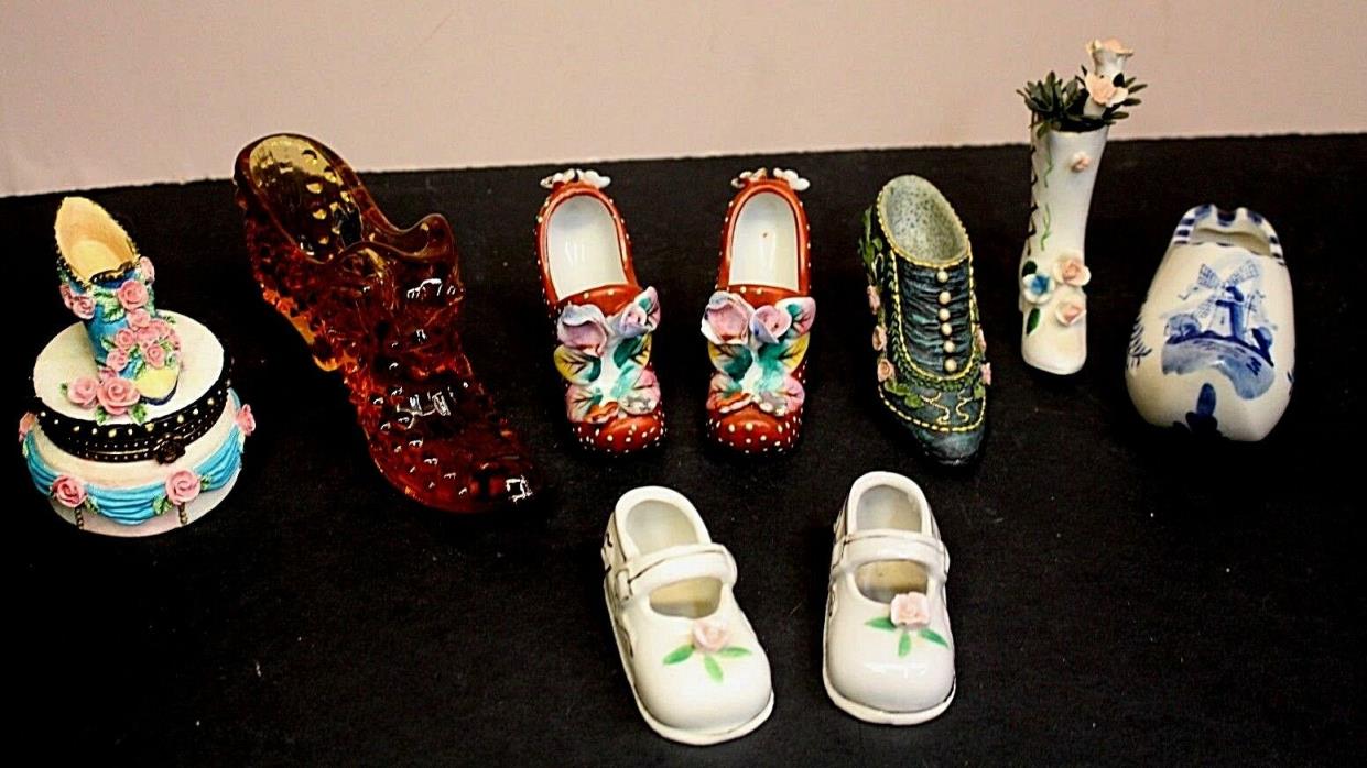 Assorted Lot of 9 miniature collectible shoes Fenton, Japan, trinket box,