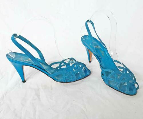 Garolini Vintage 70s Cage Slingback Sandals Turquoise High Cone Heel Peep Toe 8M