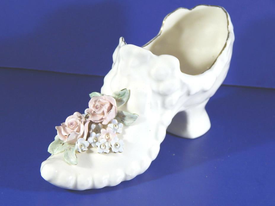 Vintage Porcelain Shoe Figurine Womens Pink Roses Cinderella