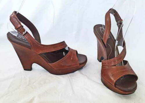Tod's Tods Massive Platform Sandals Slingbacks Wedge Brown Leather Shoes 7